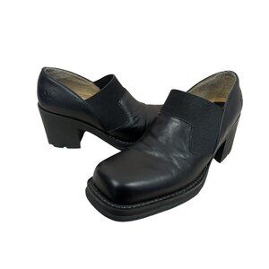 Vtg 90s Y2K Chunky Heel Leather Loafers Sz 8 Black Square Toe Moto Biker Goth